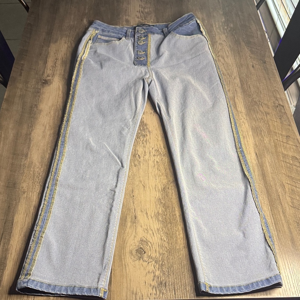 Blue Age Denim Button Fly Inside Out Straight Leg Jeans with Yellow Stitching